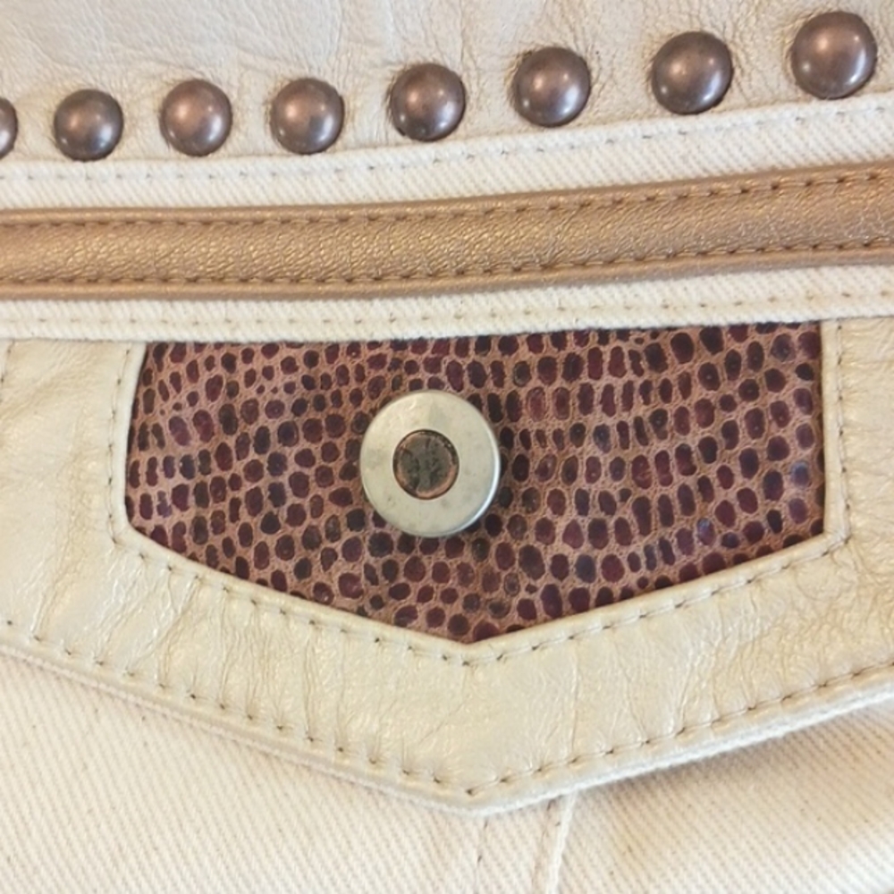 Vintage "Cache" Leather & Cream Cotton Denim Jacket, Metal Studs Detail "NEW" - Picture 8 of 15